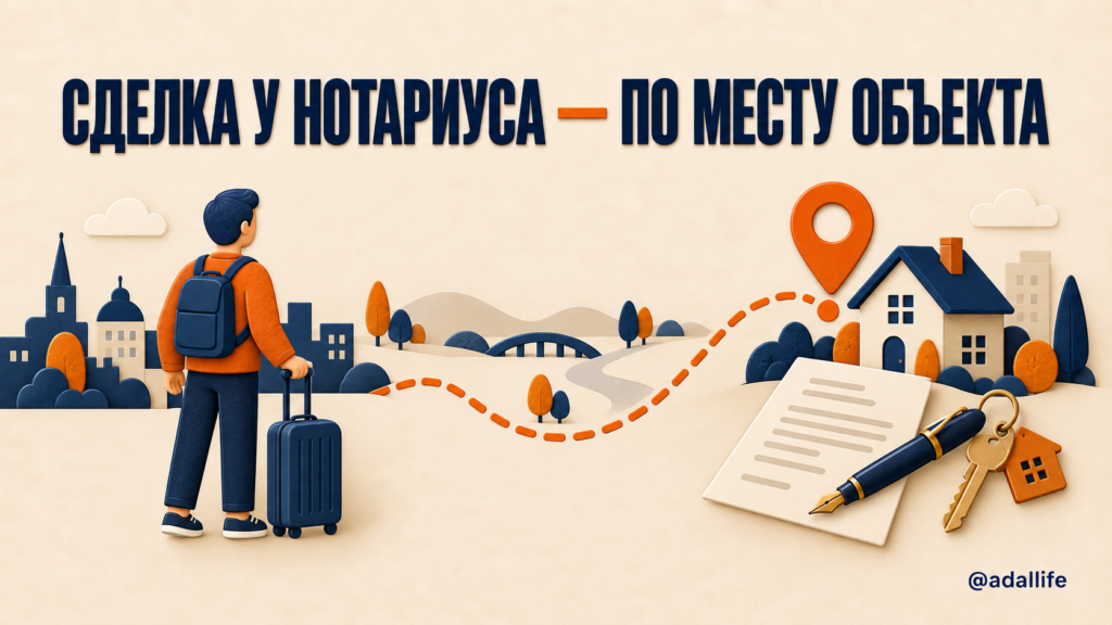 Собственник в одном городе планирует нотариальную сделку с квартирой в другом городе; документ и ключ находятся рядом с объектом.